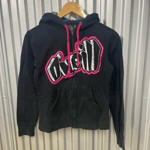 VTG O'Neil Surf Skate Black Graphic Zipup Hoodie Pink Womens Boxy SZ S